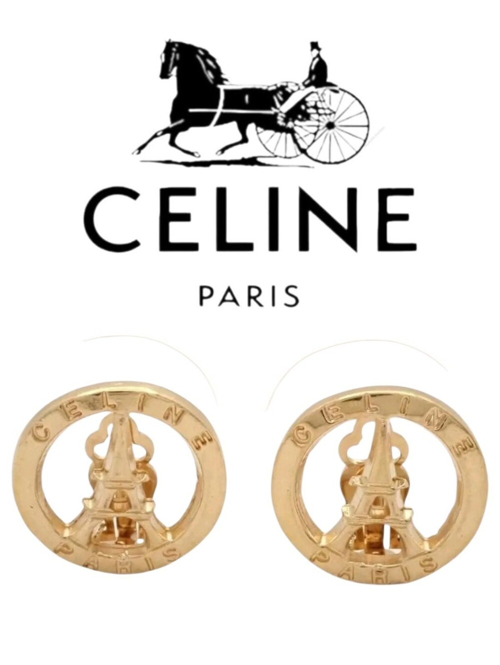 Rare Celine Paris 24 Kt Gold Plated Clip-on Earrings Eiffel Tower Cutout Motif